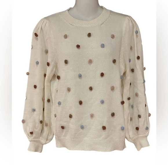 Storia Womens Large Ivory Crewneck Sweater With small Pom Pom Trim - Picture 1 of 7
